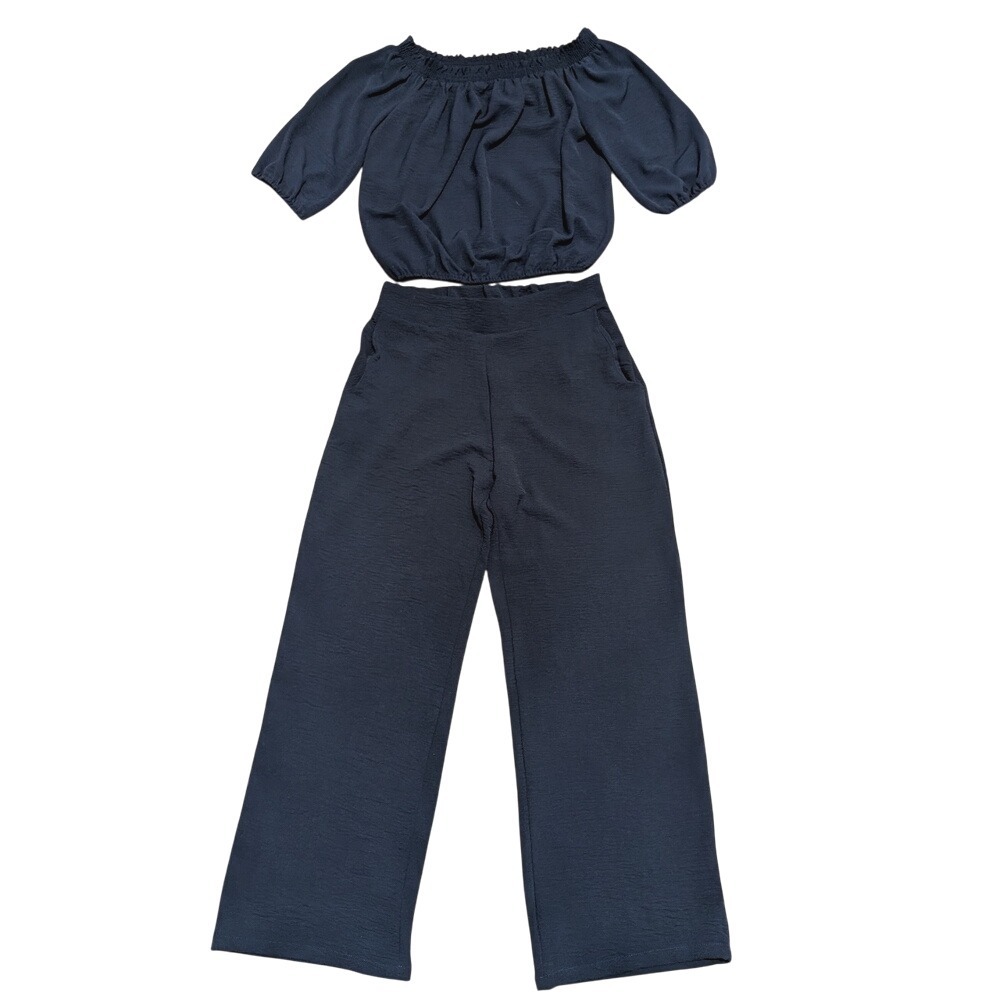 Veronica M Navy Blue Medium Off-Shoulder Top Wide Leg Pants Outfit Matching Set